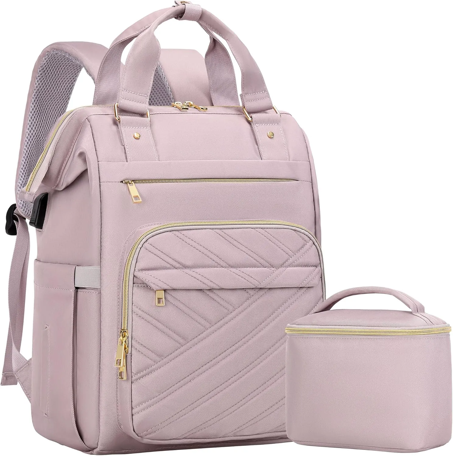 Travel Laptop Purse Backpack for Women, 15.6" Laptop Backpack with USB Charging Port, Personal Item Backpack for Office, Business, College, Light Purple（With make-up bag