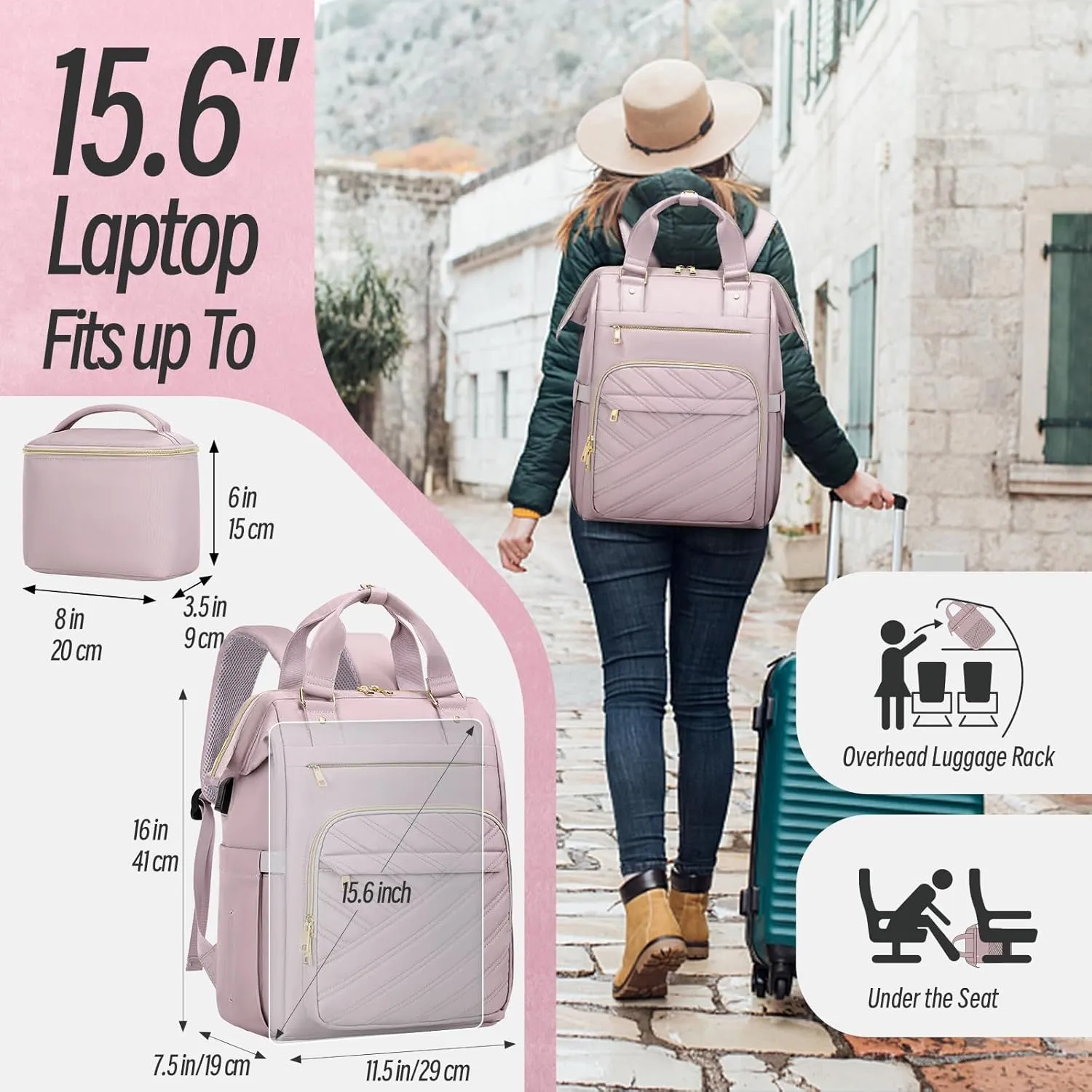 Travel Laptop Purse Backpack for Women, 15.6" Laptop Backpack with USB Charging Port, Personal Item Backpack for Office, Business, College, Light Purple（With make-up bag