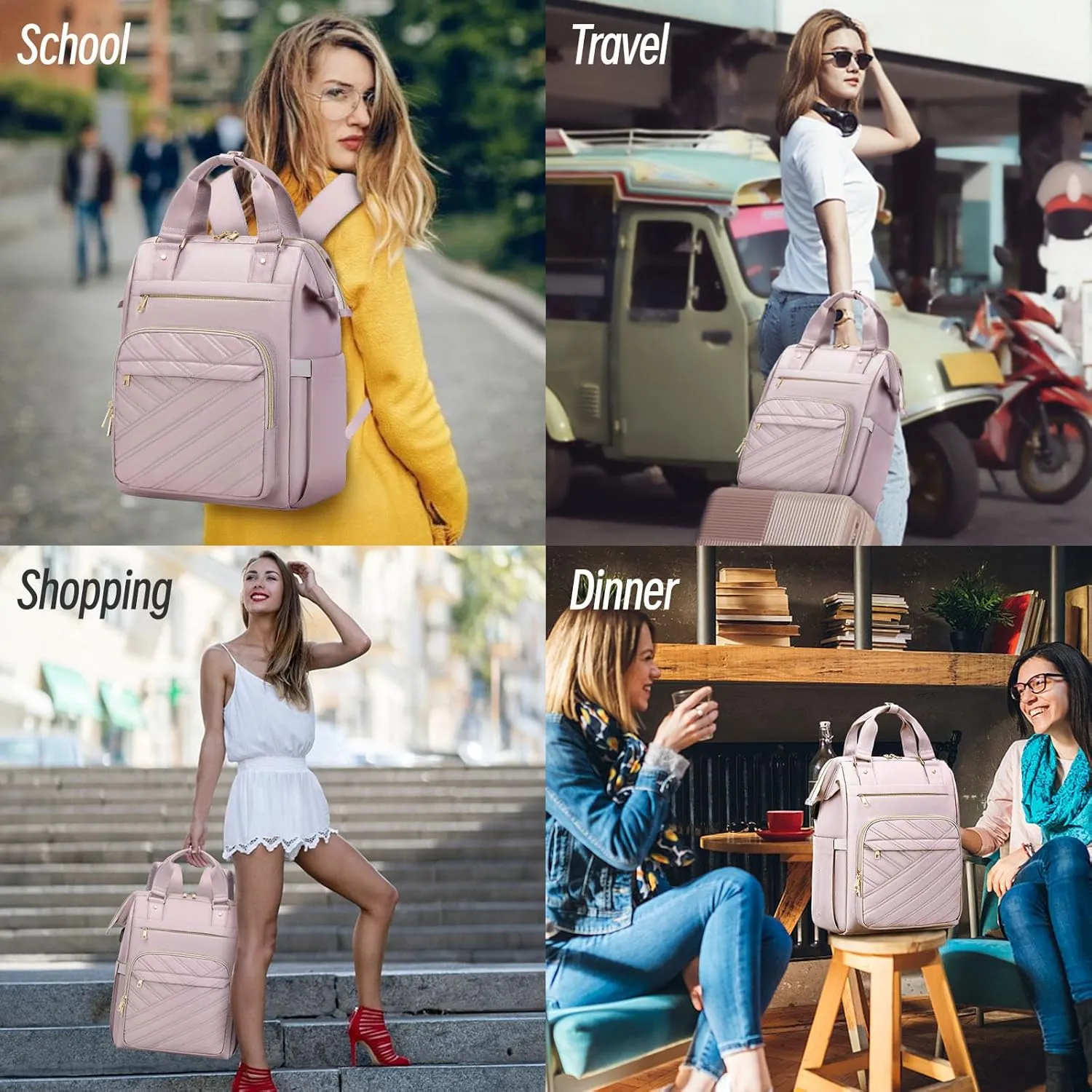 Travel Laptop Purse Backpack for Women, 15.6" Laptop Backpack with USB Charging Port, Personal Item Backpack for Office, Business, College, Light Purple（With make-up bag