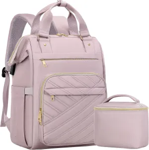 Travel Laptop Purse Backpack for Women, 15.6" Laptop Backpack with USB Charging Port, Personal Item Backpack for Office, Business, College, Light Purple（With make-up bag