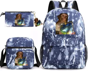 Trendy Monkey Backpack Set 3 PCS, Knapsack & Pencil Pouch & Crossbody Bag Combination Kit, Laptop Bag With Free Keychain (Thunder-Blue)