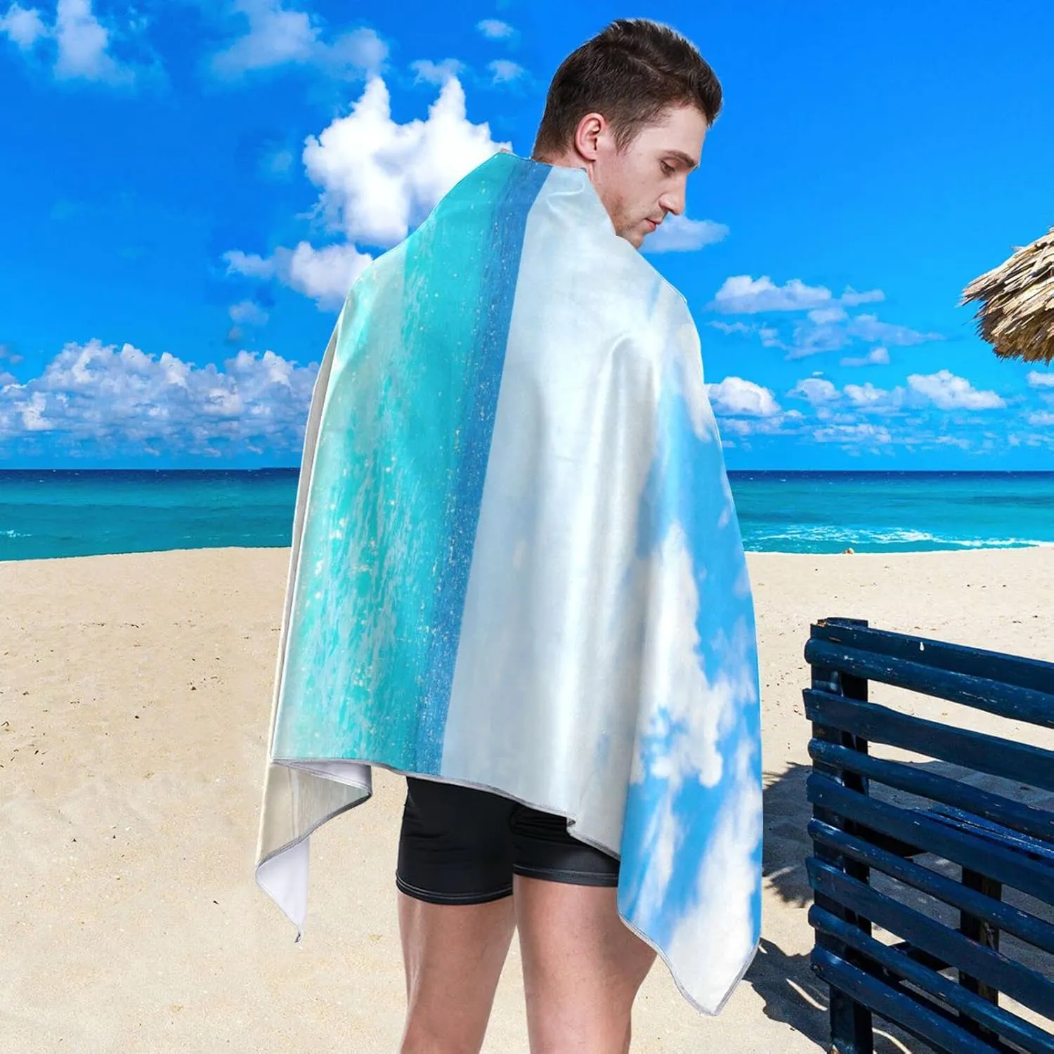 Tropical Beach Sand Sea Blue Sky Turquoise Ocean Water White Cloud Quick Drying Beach Towel, Foldable Yoga Towel, Soft Sport Towel, Sweat Absorbent Towel with Storage Mesh Bag 30 x 60 inch (S)