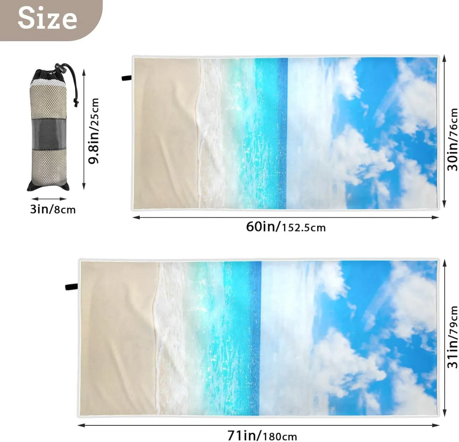 Tropical Beach Sand Sea Blue Sky Turquoise Ocean Water White Cloud Quick Drying Beach Towel, Foldable Yoga Towel, Soft Sport Towel, Sweat Absorbent Towel with Storage Mesh Bag 30 x 60 inch (S)