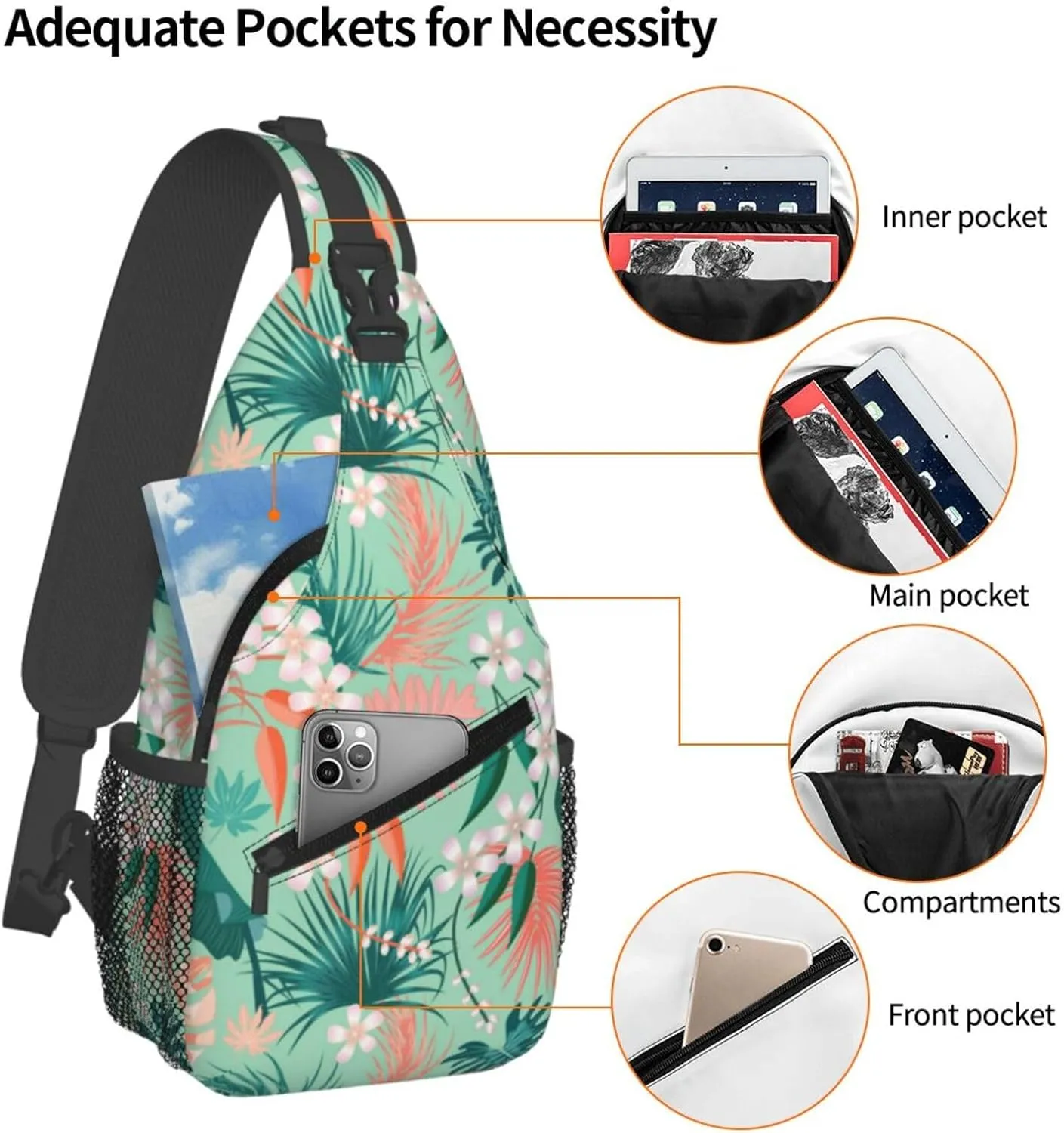 Tropical Hawaiian Flowers Sling Backpack, Multipurpose Crossbody Shoulder Bag Travel Hiking Daypack for Women Men
