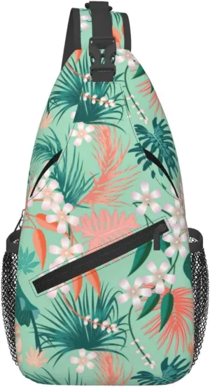 Tropical Hawaiian Flowers Sling Backpack, Multipurpose Crossbody Shoulder Bag Travel Hiking Daypack for Women Men