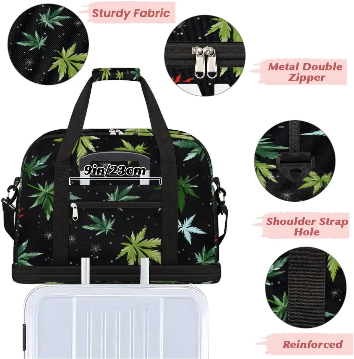 Tropical Marijuana Leaf Custom Foldable Duffle Bag with Shoes Compartment Personalized Large Capacity Waterproof Travel Weekender Bag Overnight Bag for Sports Gym