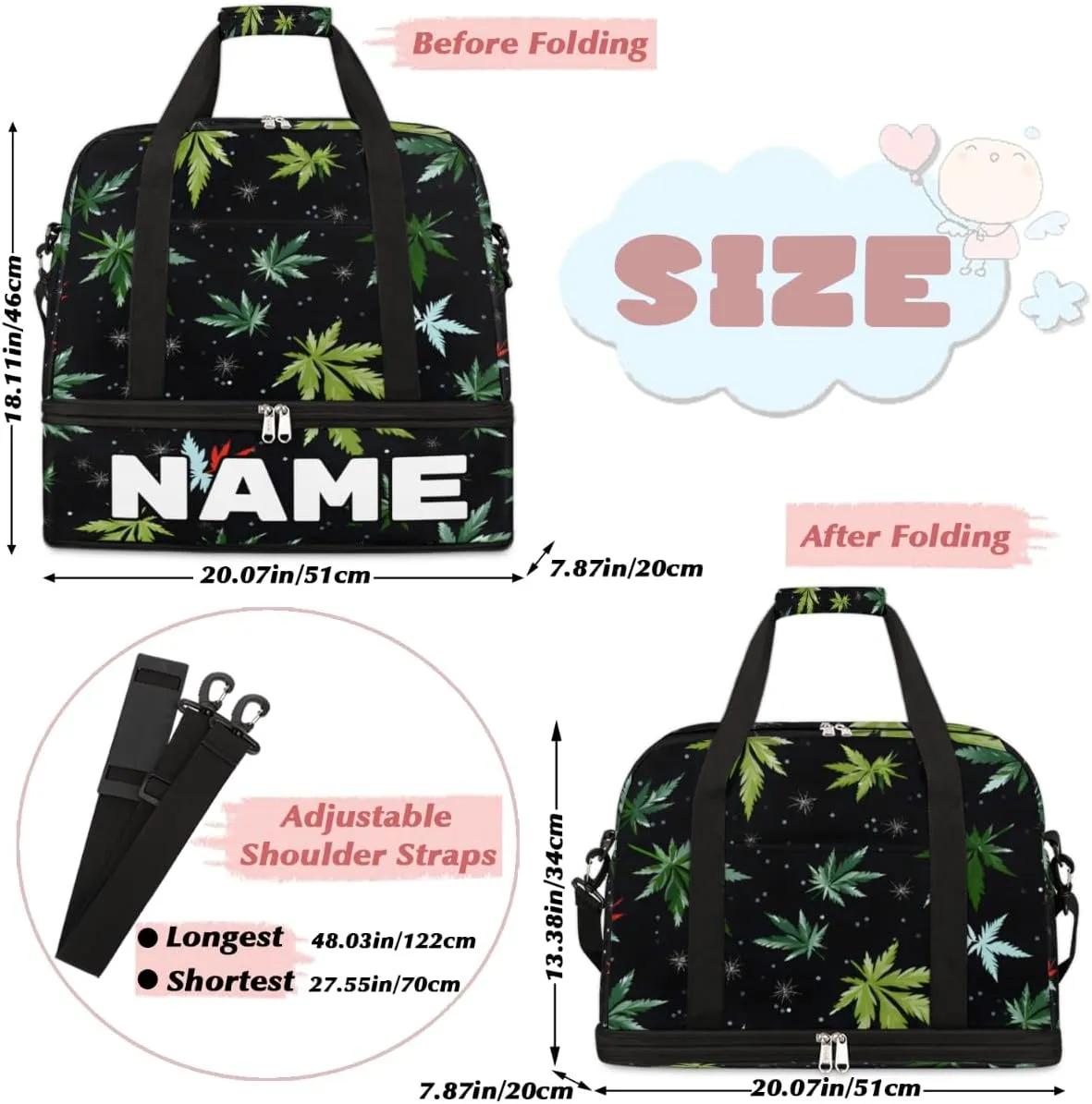 Tropical Marijuana Leaf Custom Foldable Duffle Bag with Shoes Compartment Personalized Large Capacity Waterproof Travel Weekender Bag Overnight Bag for Sports Gym