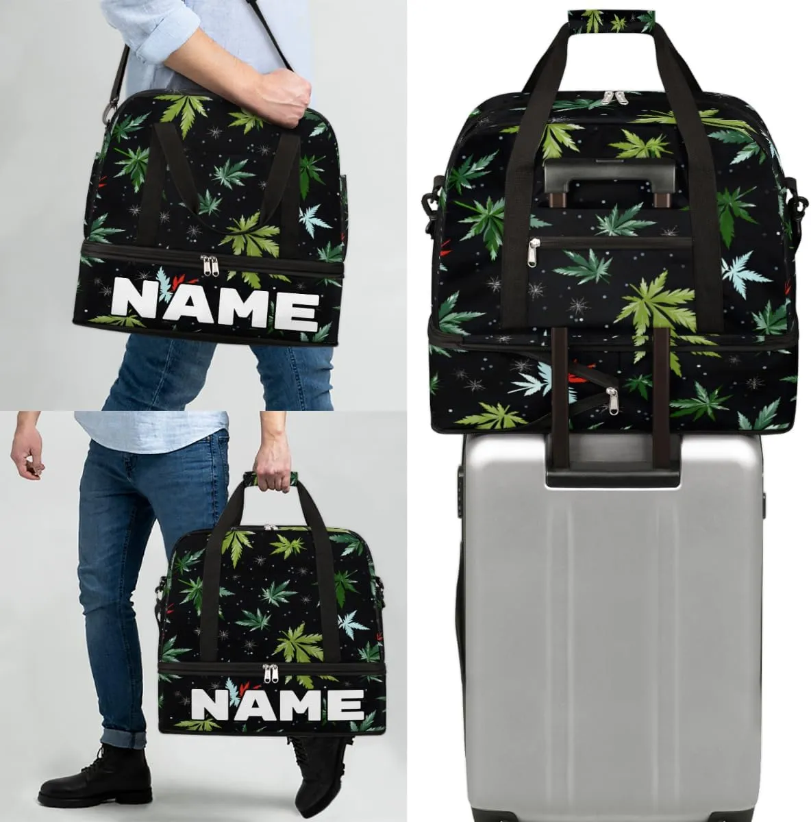 Tropical Marijuana Leaf Custom Foldable Duffle Bag with Shoes Compartment Personalized Large Capacity Waterproof Travel Weekender Bag Overnight Bag for Sports Gym