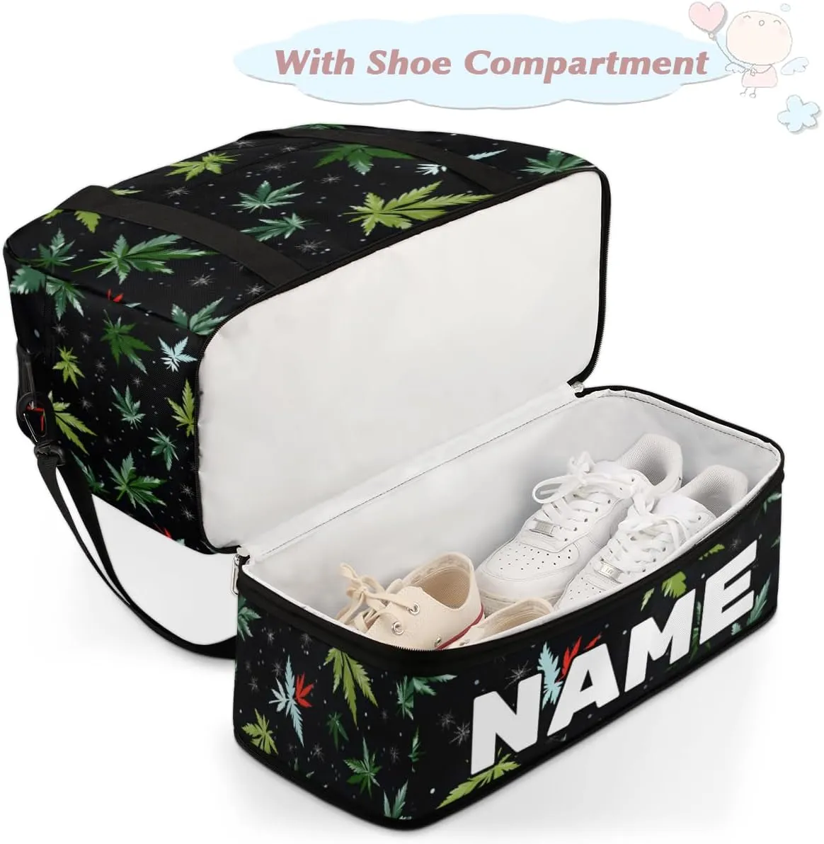 Tropical Marijuana Leaf Custom Foldable Duffle Bag with Shoes Compartment Personalized Large Capacity Waterproof Travel Weekender Bag Overnight Bag for Sports Gym