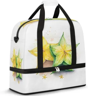Tropical Starfruit Watercolor Travel Duffel Bag, Travel Essentials, Gym Bag for Women, Weekender Overnight Bag With Shoes Compartment, Carry On Bags for Airplanes