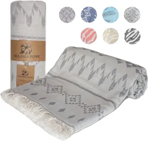 Turkish Beach Towel Oversized 37x72, Quick Dry Soft Beach Blanket Large, 100% Organic Turkish Cotton Sand Free, Turkish Bath Towels for Beach, SPA, Pool, Bathroom and Picnic-Ethnic Grey