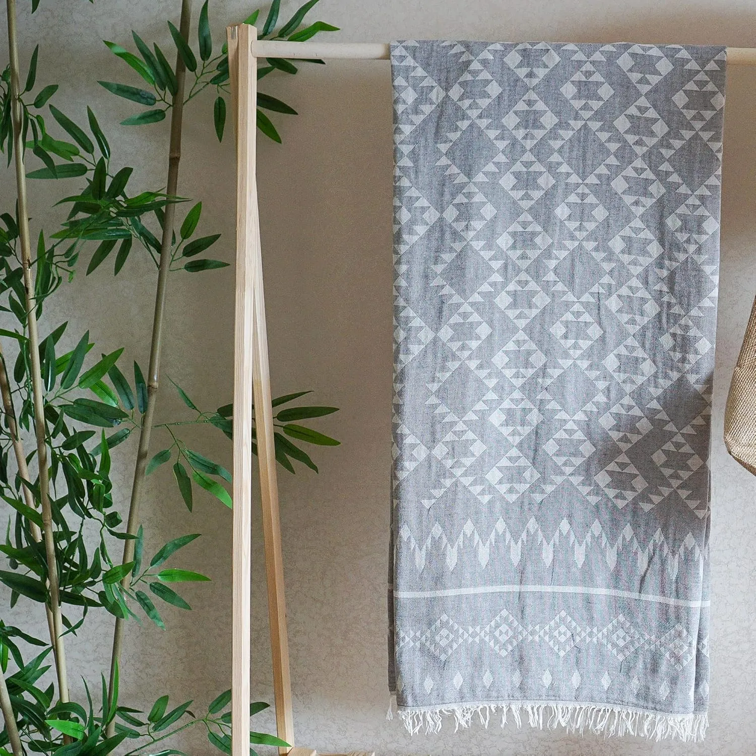 Turkish Beach Towel Oversized 37x72, Quick Dry Soft Beach Blanket Large, 100% Organic Turkish Cotton Sand Free, Turkish Bath Towels for Beach, SPA, Pool, Bathroom and Picnic-Ethnic Grey