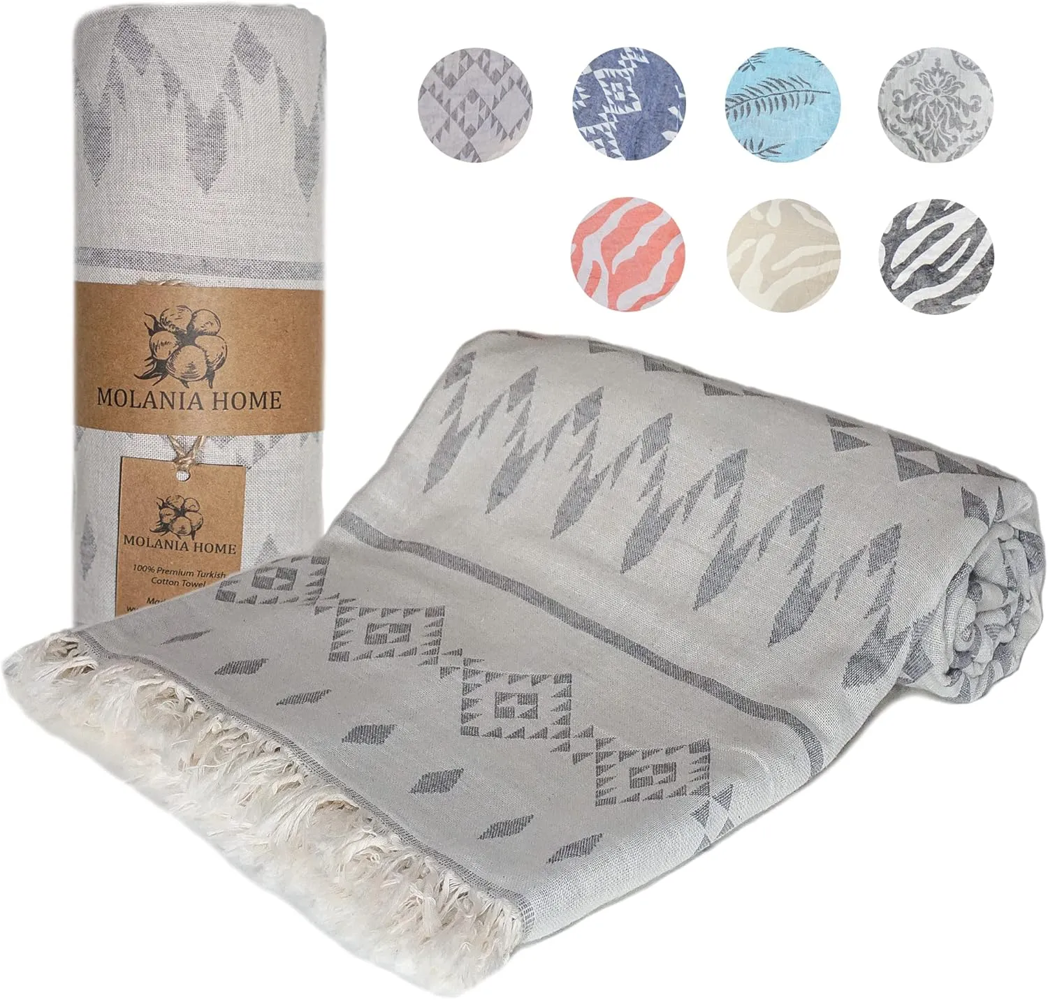 Turkish Beach Towel Oversized 37x72, Quick Dry Soft Beach Blanket Large, 100% Organic Turkish Cotton Sand Free, Turkish Bath Towels for Beach, SPA, Pool, Bathroom and Picnic-Ethnic Grey