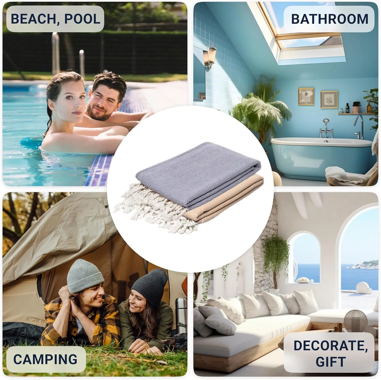 Turkish Beach Towel Pack of 2 (69x35 Inches), Oversized 100% Cotton Bath Towels Lightweight Quick-Dry Beach Blanket for Travel, Picnic, Camping, Yoga and Pool(Grey Yellow)