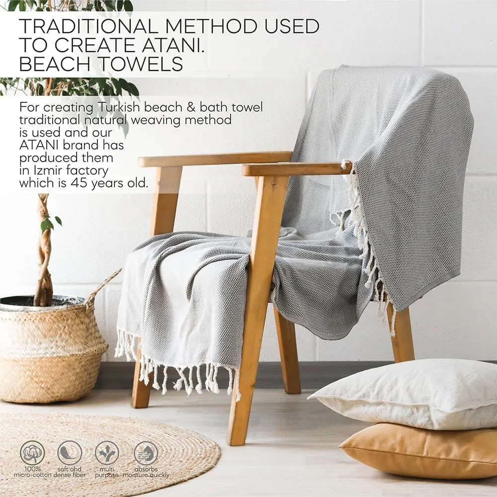Turkish Beach Towel Pack of 2 (69x35 Inches), Oversized 100% Cotton Bath Towels Lightweight Quick-Dry Beach Blanket for Travel, Picnic, Camping, Yoga and Pool(Grey Yellow)