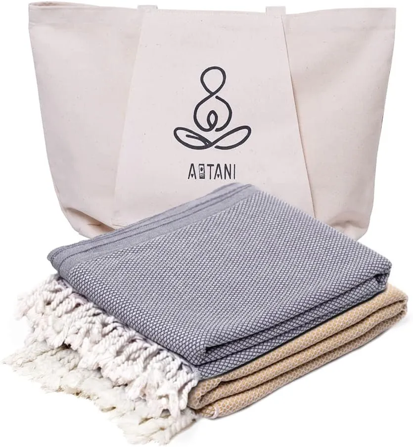 Turkish Beach Towel Pack of 2 (69x35 Inches), Oversized 100% Cotton Bath Towels Lightweight Quick-Dry Beach Blanket for Travel, Picnic, Camping, Yoga and Pool(Grey Yellow)