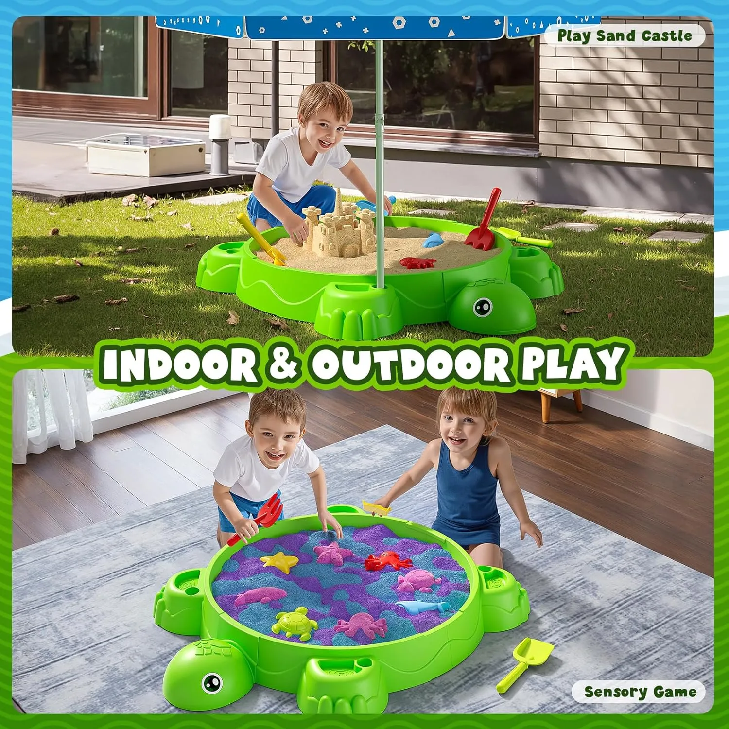 Turtle Sandbox with Lid, Sand Pit with Adjustable Umbrella & 8pcs Beach Toys for Toddler 3-5, Kids Sand Box with Cover Suit for Sensory Playsand, Summer Gifts for Indoor Outdoor Backyard