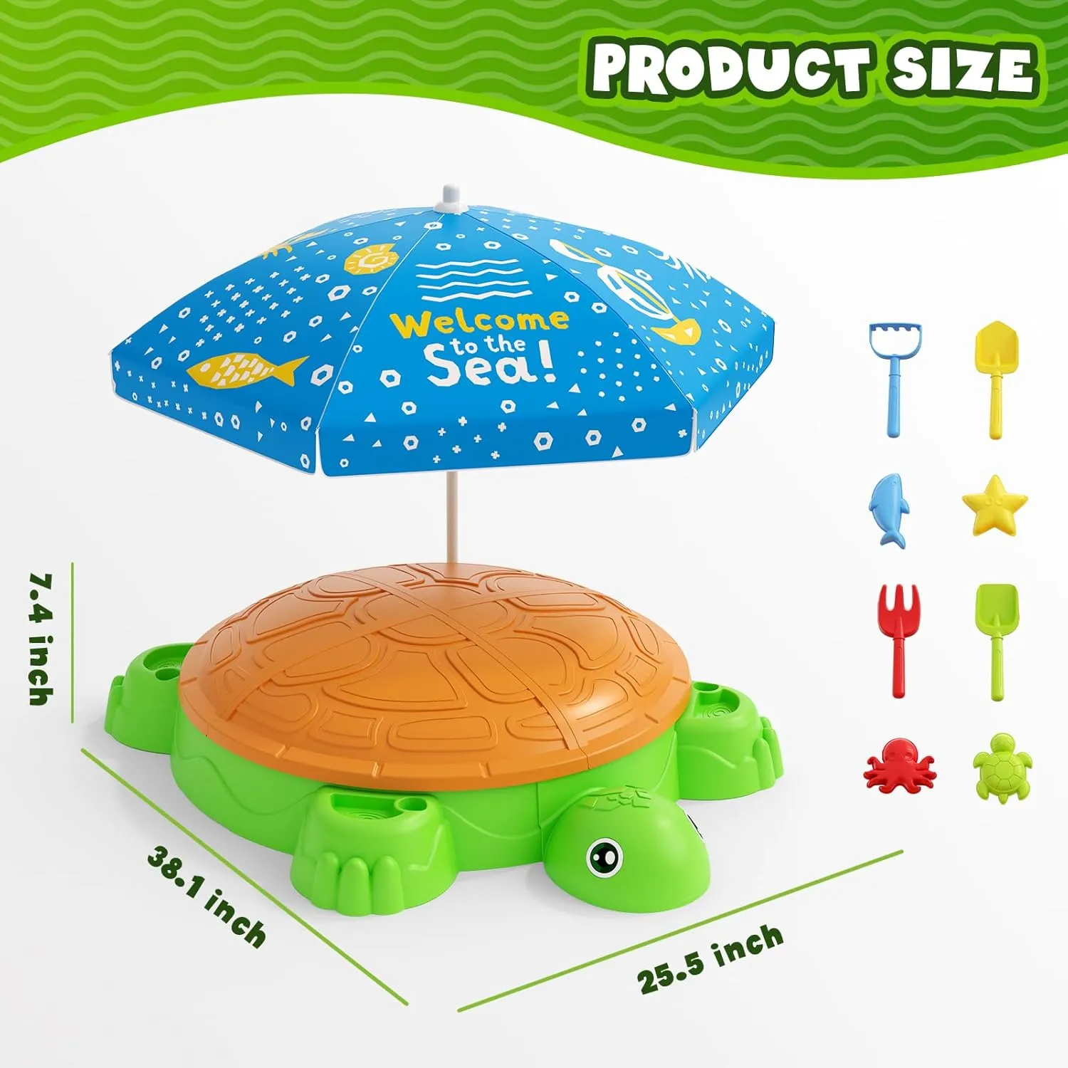 Turtle Sandbox with Lid, Sand Pit with Adjustable Umbrella & 8pcs Beach Toys for Toddler 3-5, Kids Sand Box with Cover Suit for Sensory Playsand, Summer Gifts for Indoor Outdoor Backyard