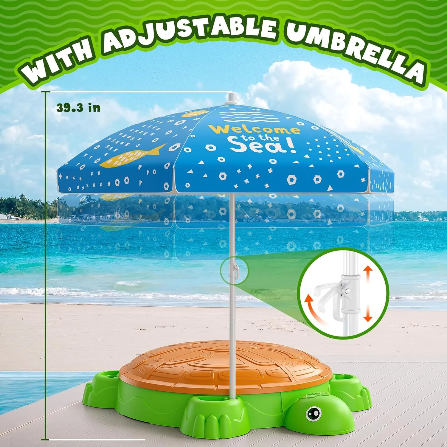 Turtle Sandbox with Lid, Sand Pit with Adjustable Umbrella & 8pcs Beach Toys for Toddler 3-5, Kids Sand Box with Cover Suit for Sensory Playsand, Summer Gifts for Indoor Outdoor Backyard