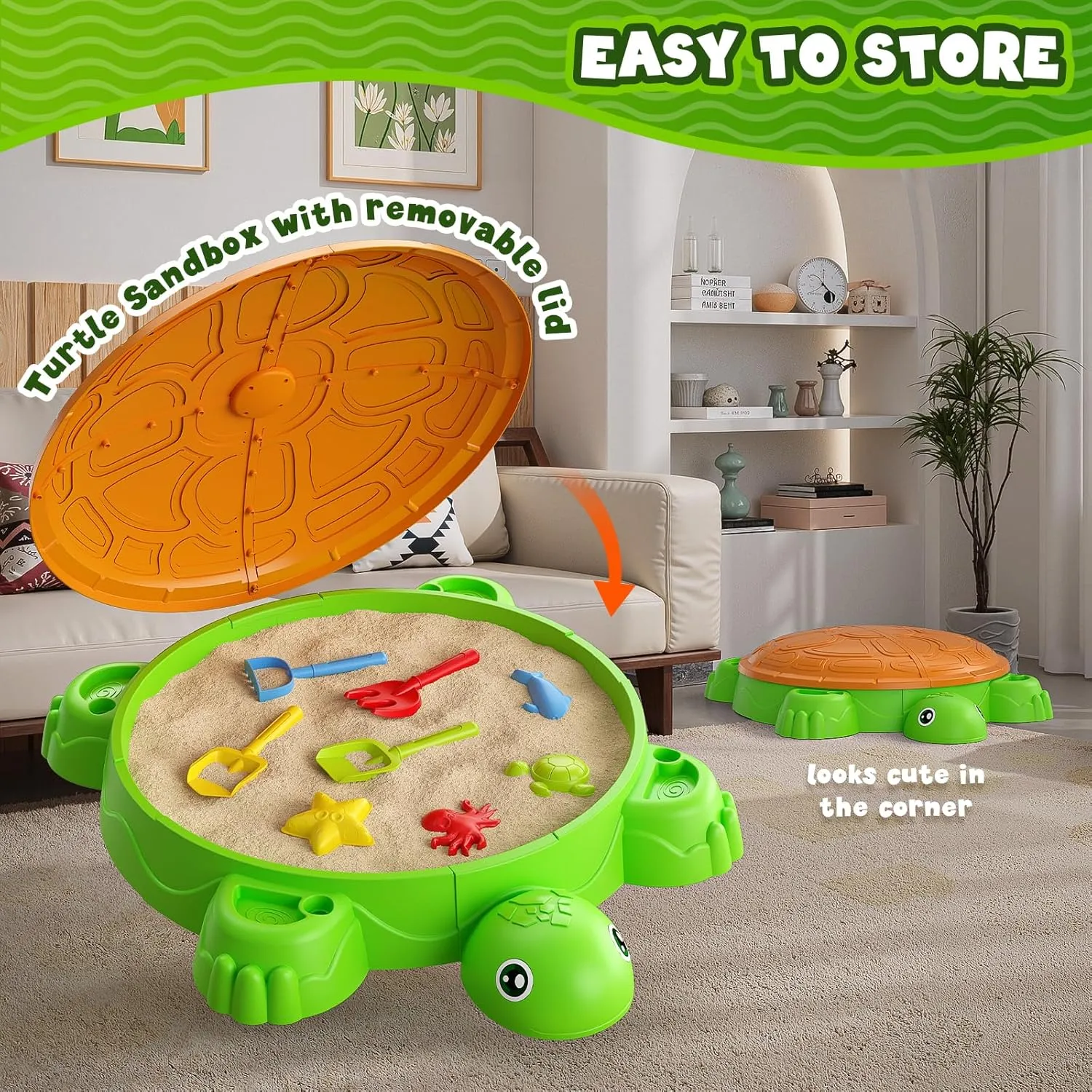 Turtle Sandbox with Lid, Sand Pit with Adjustable Umbrella & 8pcs Beach Toys for Toddler 3-5, Kids Sand Box with Cover Suit for Sensory Playsand, Summer Gifts for Indoor Outdoor Backyard