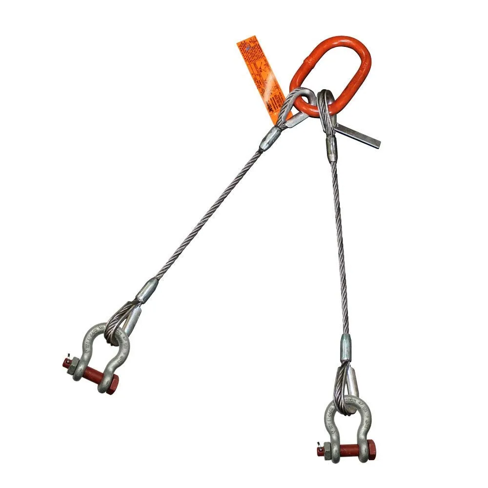 Two Leg Wire Rope Sling | 49 Ton Vertical Rated | Thimble-to-Bolt Anchor Shackle | 1-3/4" Dia. | 14' Length | EIPS 6x37 IWRC | Hanes Supply (HSI) Heavy Duty Rigging Cable for Lifting and Towing