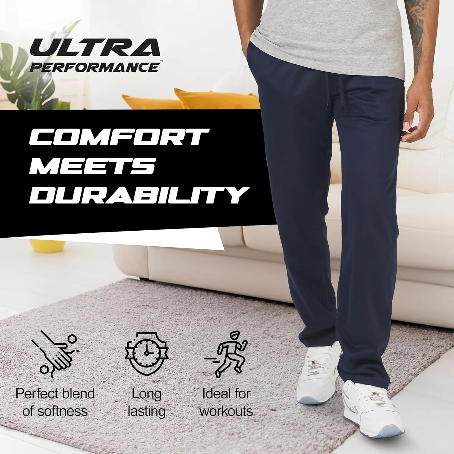 Ultra Performance 3 Pack Mens Athletic Open Bottom Sweatpants Active Track Pants Casual Tricot Wide Leg Sweat Pants for Men