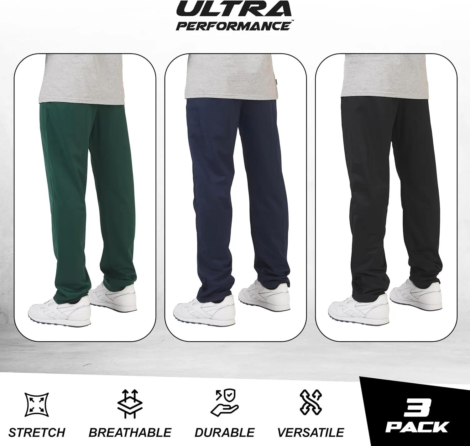 Ultra Performance 3 Pack Mens Athletic Open Bottom Sweatpants Active Track Pants Casual Tricot Wide Leg Sweat Pants for Men