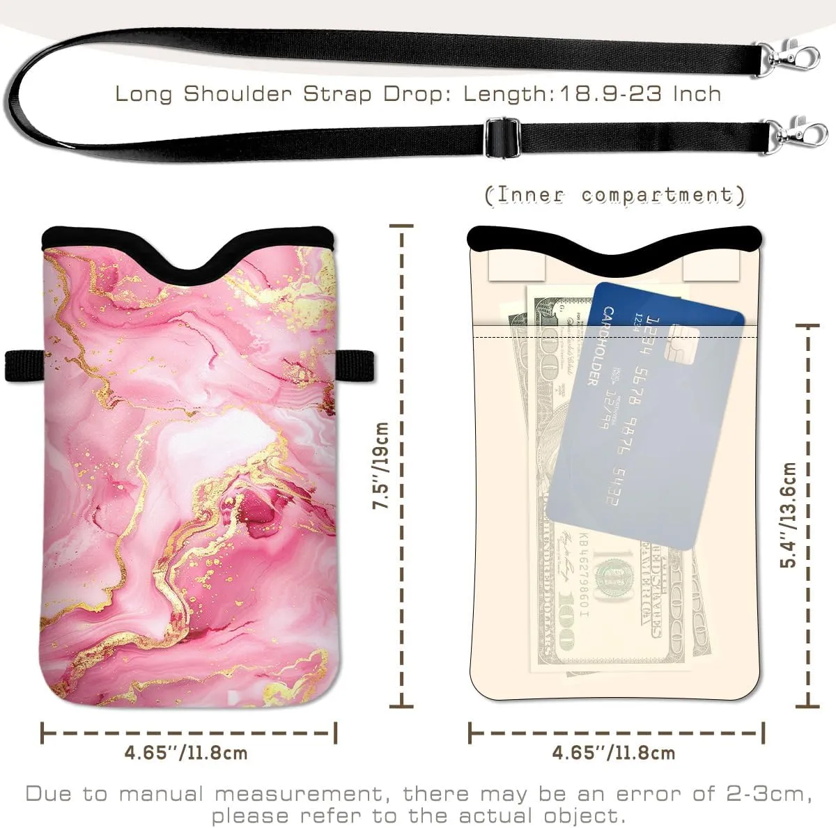 Universal Phone Sleeve Pouch with Crossbody Strap 7.6 X 4.3 Inches Shockproof Water Resistant Mobile Protection Bag-Pink Neoprene Phone Pouch Bag
