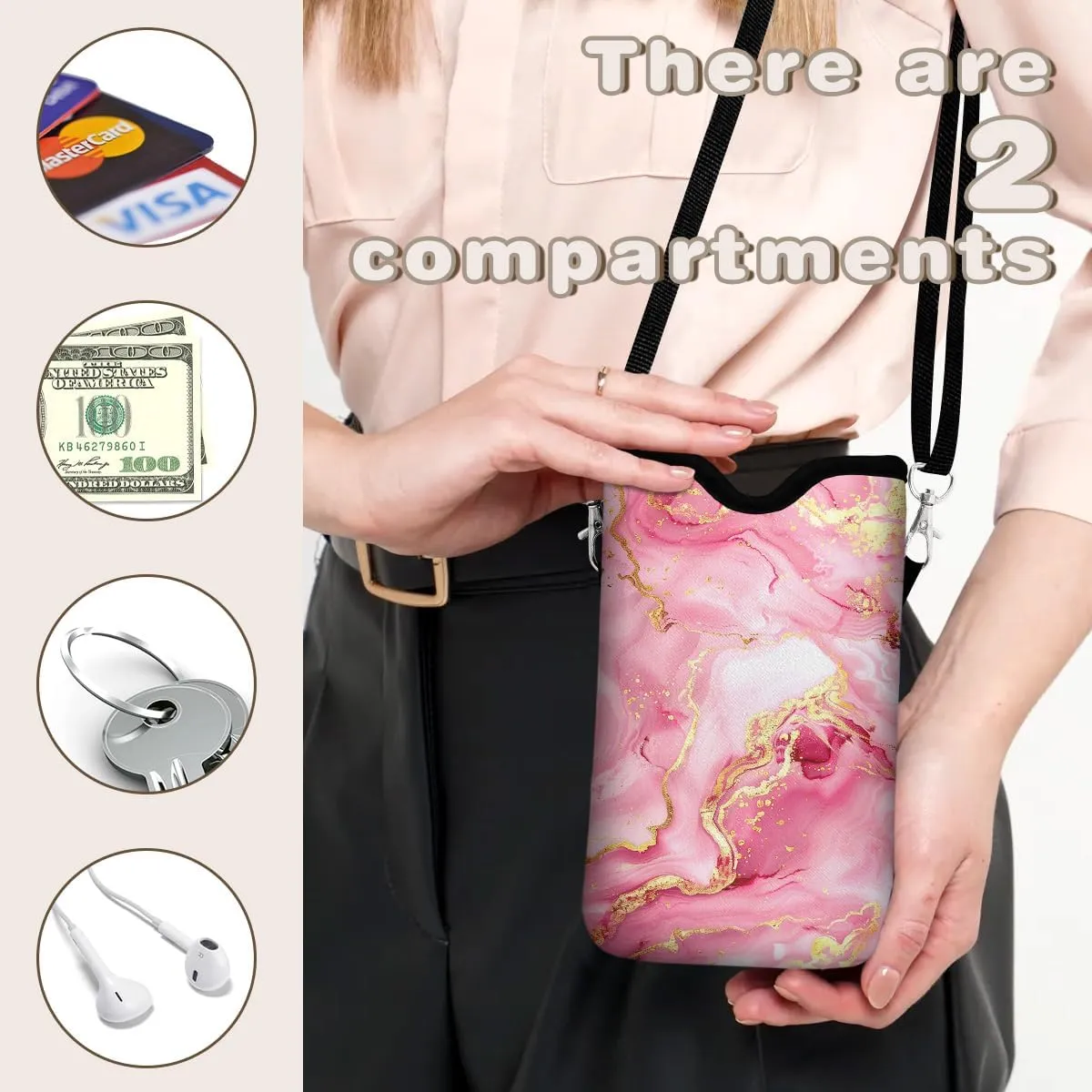 Universal Phone Sleeve Pouch with Crossbody Strap 7.6 X 4.3 Inches Shockproof Water Resistant Mobile Protection Bag-Pink Neoprene Phone Pouch Bag