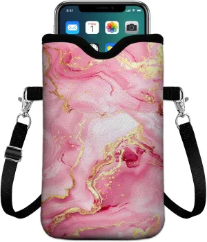 Universal Phone Sleeve Pouch with Crossbody Strap 7.6 X 4.3 Inches Shockproof Water Resistant Mobile Protection Bag-Pink Neoprene Phone Pouch Bag