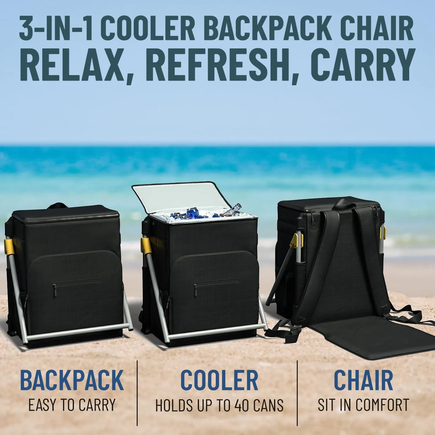 Upgraded Insulated Cooler Backpack Chair, Built-in Folding Chair, 40 Can Capacity, Leakproof Liner for Beach, Picnic, Park, Everlasting Comfort
