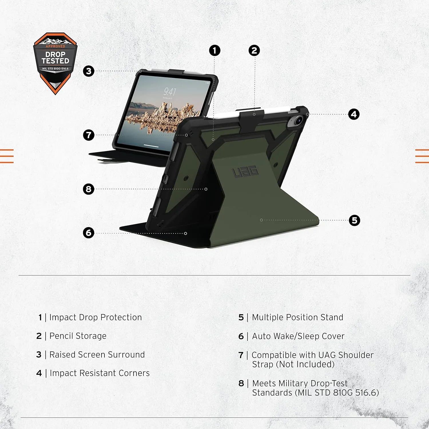 URBAN ARMOR GEAR UAG Designed for iPad 11" A16 11th Gen 2025, 10.9" 10th Gen 2022 Case A3354 A3355 A2696 Rugged Protective Folio Cover w/Adjustable Stand & Pencil Holder, Metropolis SE Olive