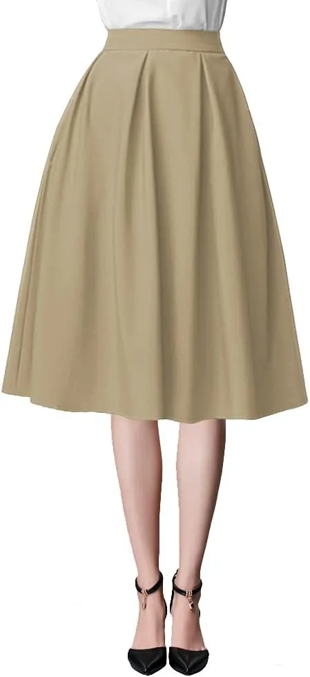 Urban CoCo Women's Knee Length Casual Work 2024 Fall Elastic Waist A Line Midi Skirt with Pocket