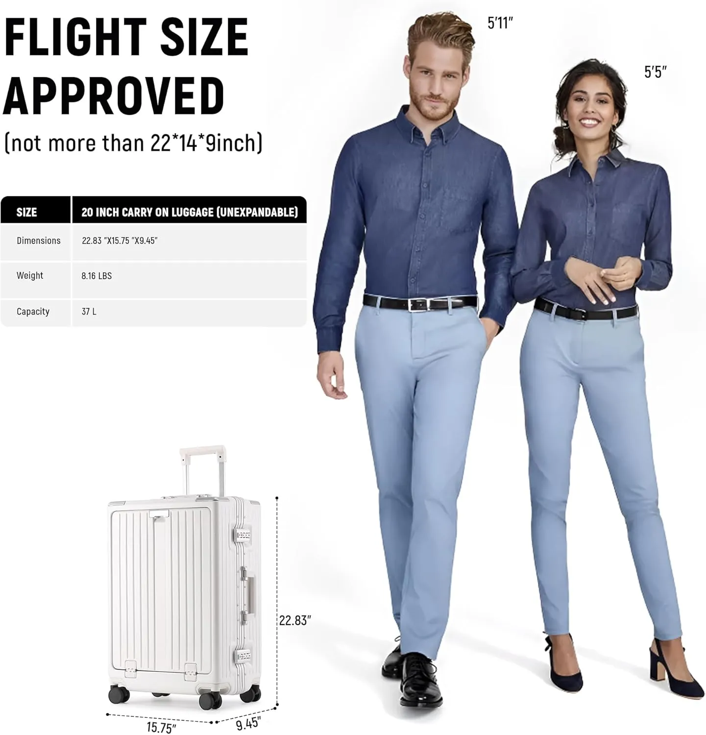 UrbanExporer Carry On Luggage 22x14x9 Airline Approved, Zipperless Luggage Carry On with Compartment 20" Hard Shell Suitcases, ABS Aluminum Carry On Suitcases with Spinner Wheels, TSA Lock 37L