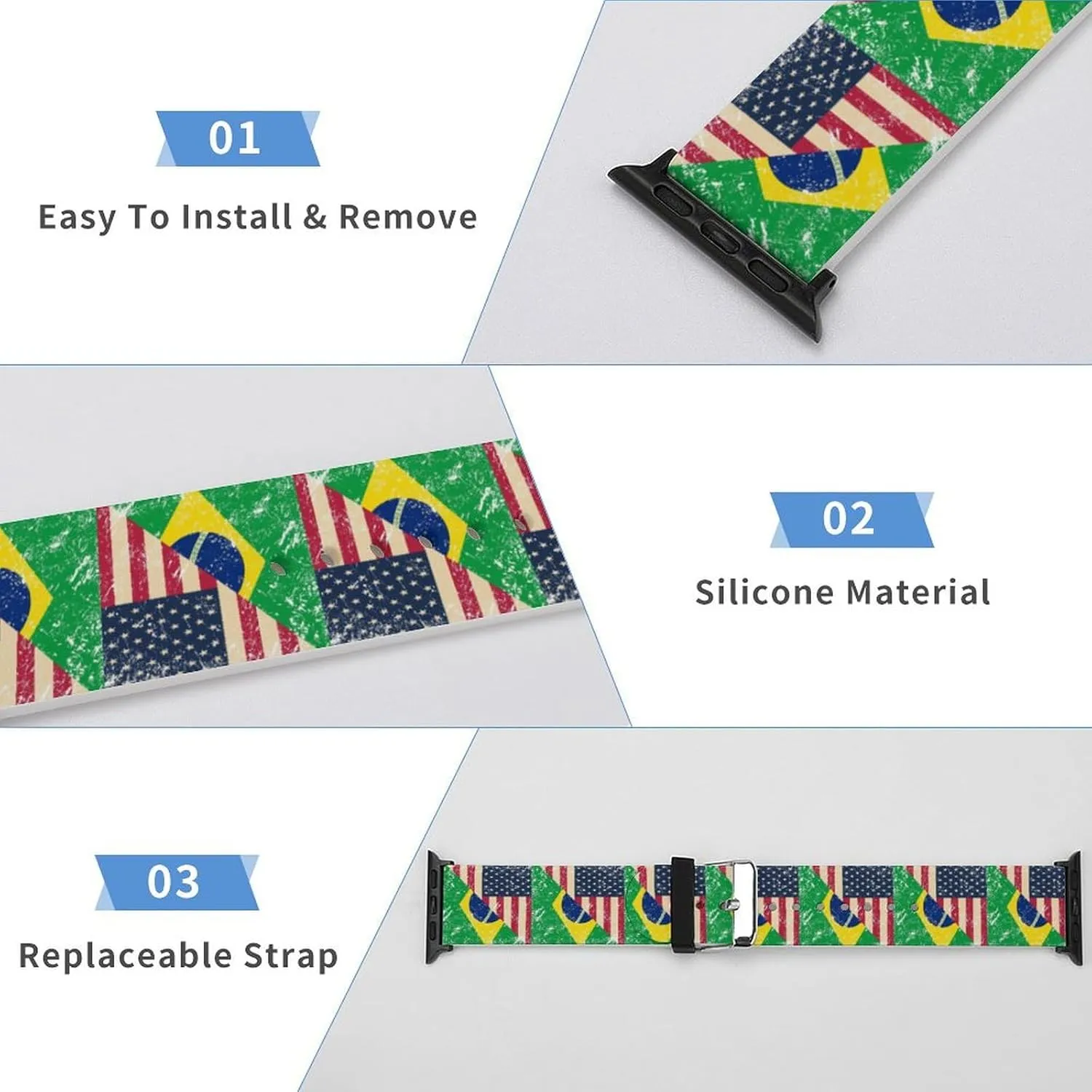U.S. And Brazil Vintage Flag Adjustable Silicone Watchband Compatible with IWatch Classic Soft Sports Watch Strap for Men Women