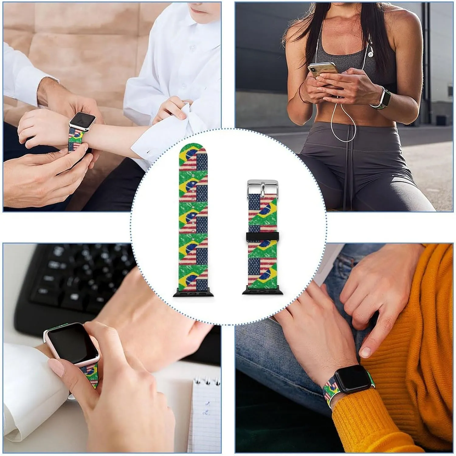 U.S. And Brazil Vintage Flag Adjustable Silicone Watchband Compatible with IWatch Classic Soft Sports Watch Strap for Men Women