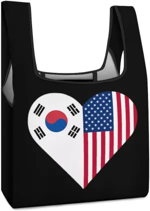 US And South Korean Flag Novelty Reusable Grocery Bag Fold-able Shopping Bags Washable Tote Lightweight Storage Pouch with Handle