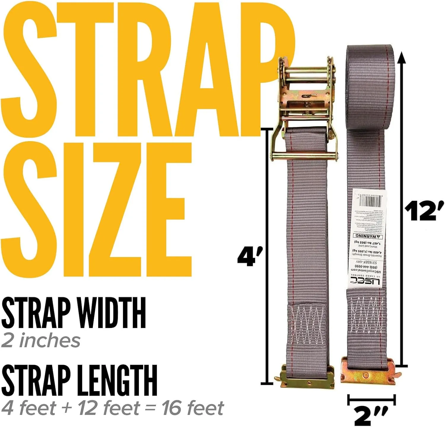 US Cargo Control E-Track Ratchet Straps (8-Pack), 4,400 LBS Break Strength, 2 Inch x 16 Foot Heavy Duty Gray E-Track Straps with 4 Foot Fixed End and Spring E-Fittings, Logistic Tiedowns