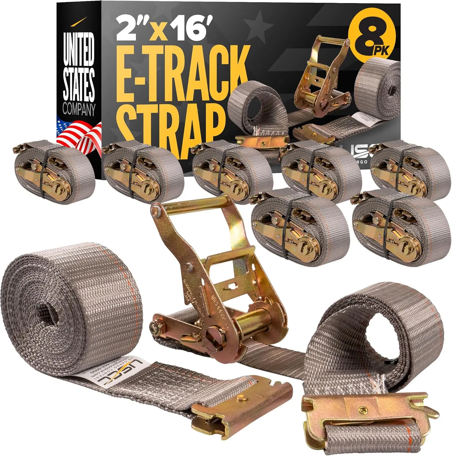 US Cargo Control E-Track Ratchet Straps (8-Pack), 4,400 LBS Break Strength, 2 Inch x 16 Foot Heavy Duty Gray E-Track Straps with 4 Foot Fixed End and Spring E-Fittings, Logistic Tiedowns