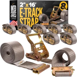 US Cargo Control E-Track Ratchet Straps (8-Pack), 4,400 LBS Break Strength, 2 Inch x 16 Foot Heavy Duty Gray E-Track Straps with 4 Foot Fixed End and Spring E-Fittings, Logistic Tiedowns