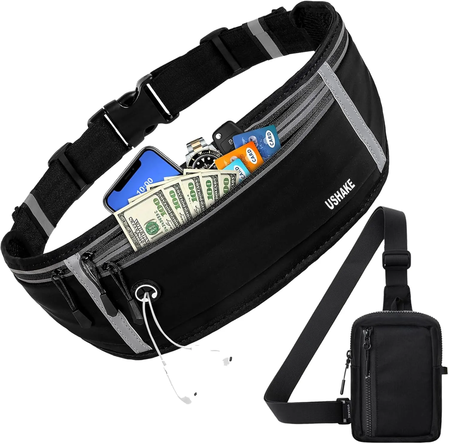 USHAKE Active Gear Set: Slim Running Belt & Mini Crossbody Bag - Workout Fanny Pack with iPhone Holder & Travel Sling Bag for Men & Women