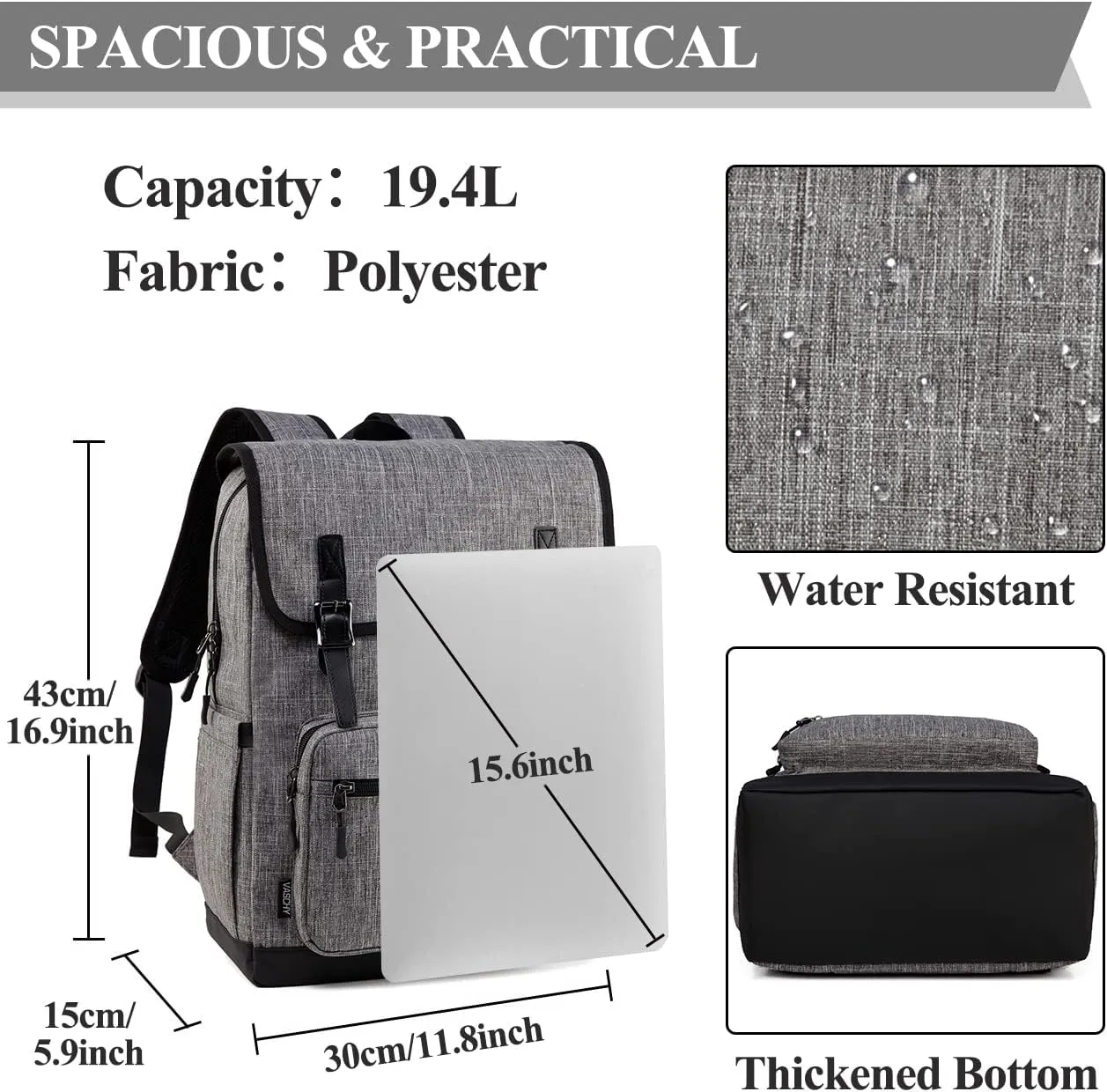VASCHY Laptop Backpack, Water Resistant Multifunctional Business College Bookbag Computer Travel Backpack for Men Women Fits 15.6in Laptop,Gray