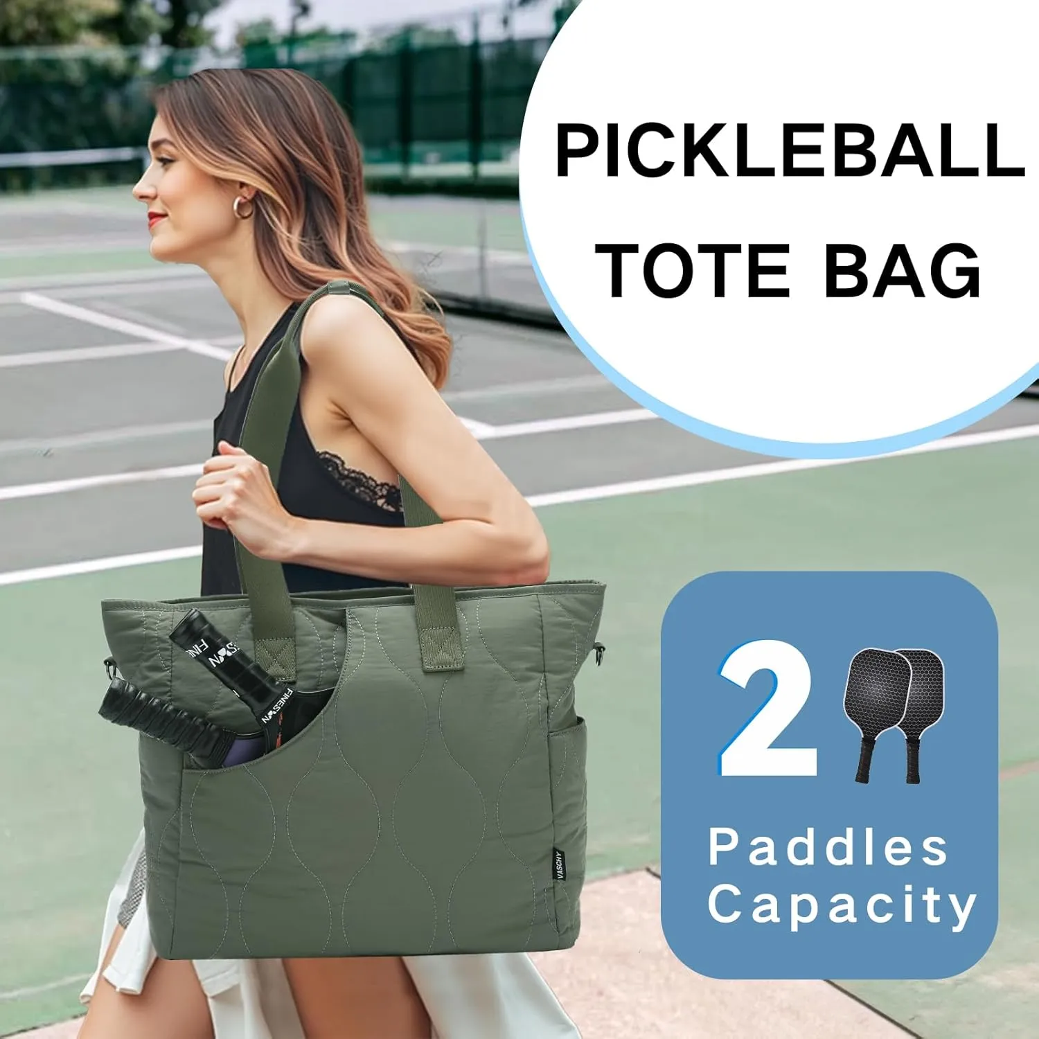 VASCHY Pickleball Tote Bags For Women With Fence Hook, Quilted Puffer Pickleball Paddle Holder Case Gym/Sports Tote