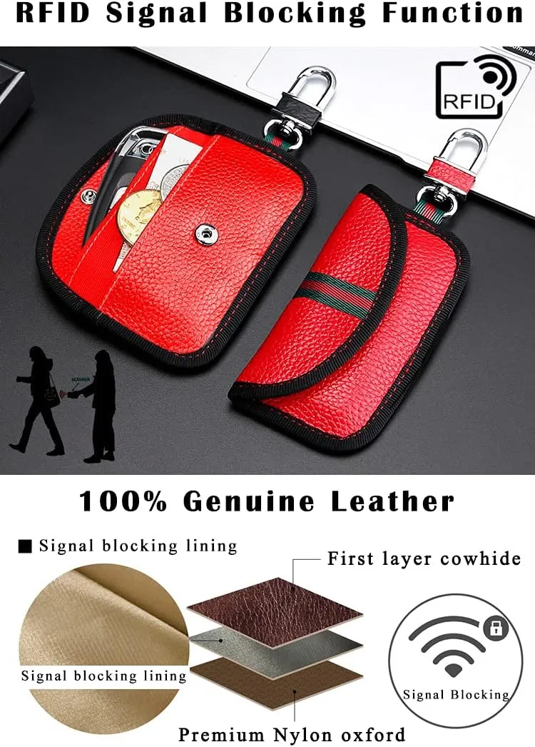 VAWcornic 2 Pack Faraday Bag for Car Key Fob, Genuine Leather Car Key RFID Signal Blocking Pouch Keyless Signal Block Key Case for Car Security, Anti-Theft Remote Entry Smart Fob Protection - Red