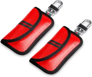 VAWcornic 2 Pack Faraday Bag for Car Key Fob, Genuine Leather Car Key RFID Signal Blocking Pouch Keyless Signal Block Key Case for Car Security, Anti-Theft Remote Entry Smart Fob Protection - Red