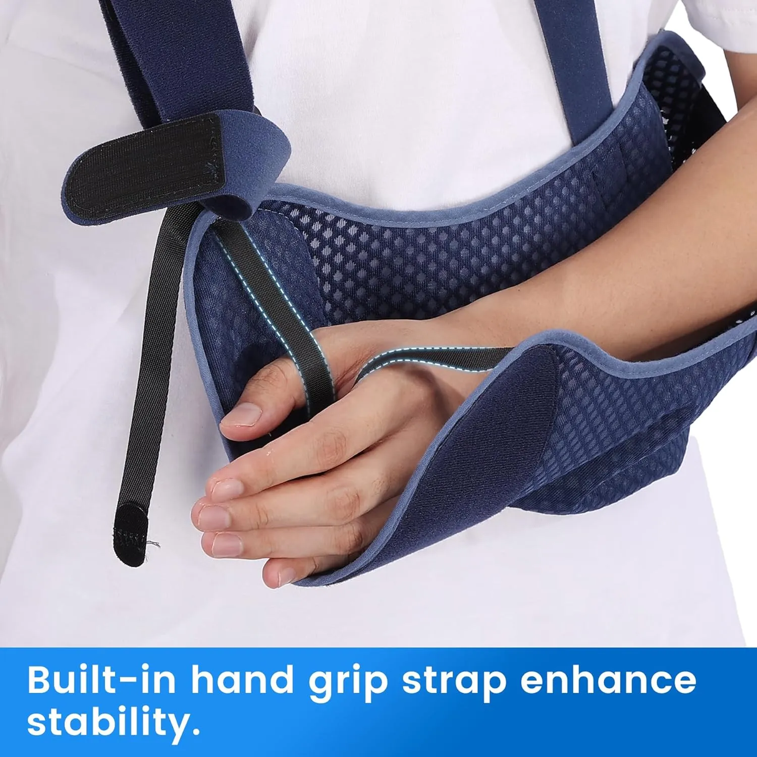 Velpeau Arm Sling Shoulder Immobilizer with Waist Strap, Ventilated & Breathable Design, Arm Support Brace for Shoulder, Rotator Cuff, Elbow, Hand injury (Mesh Version, Blue, Right, M: Bust 28.5-41″)