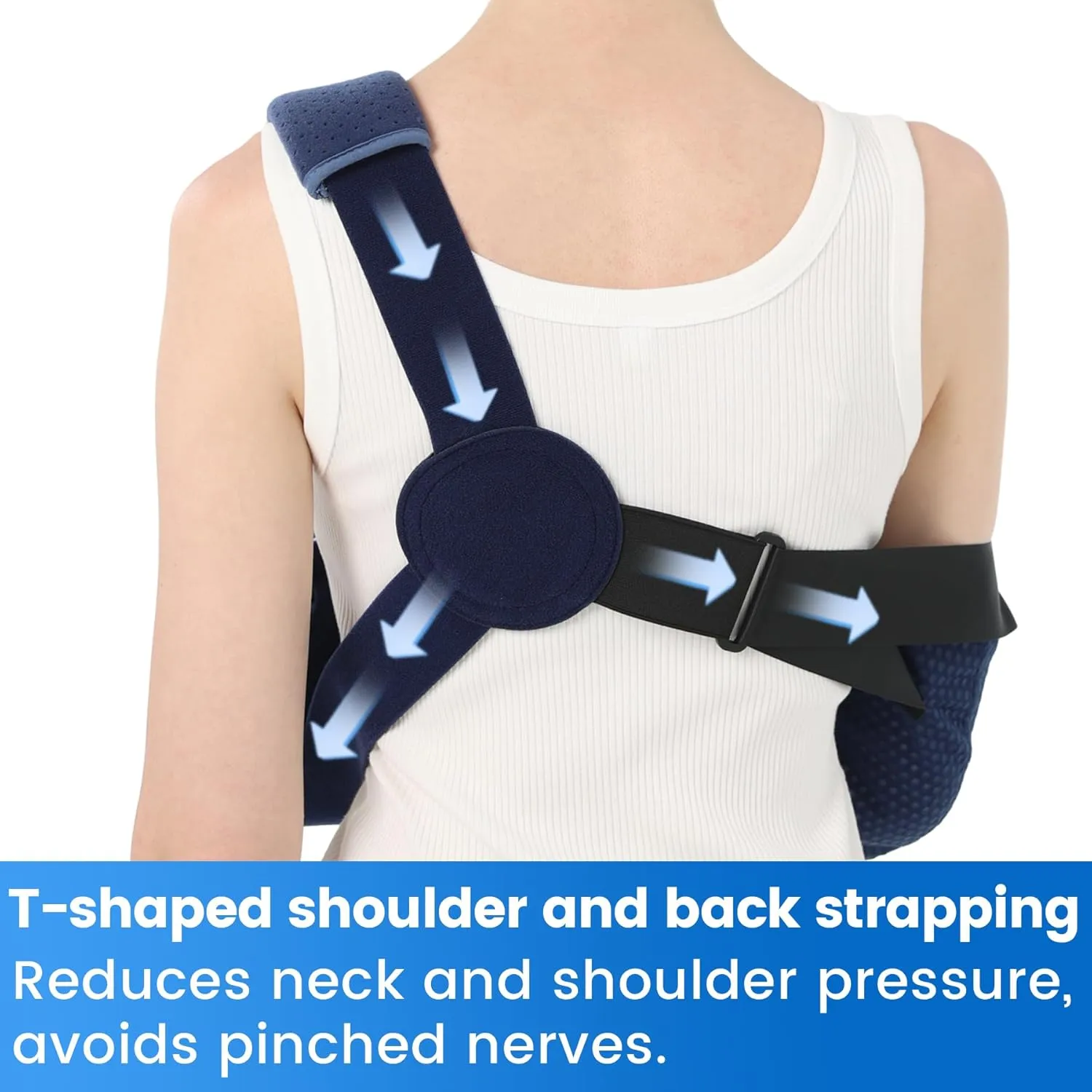 Velpeau Arm Sling Shoulder Immobilizer with Waist Strap, Ventilated & Breathable Design, Arm Support Brace for Shoulder, Rotator Cuff, Elbow, Hand injury (Mesh Version, Blue, Right, M: Bust 28.5-41″)