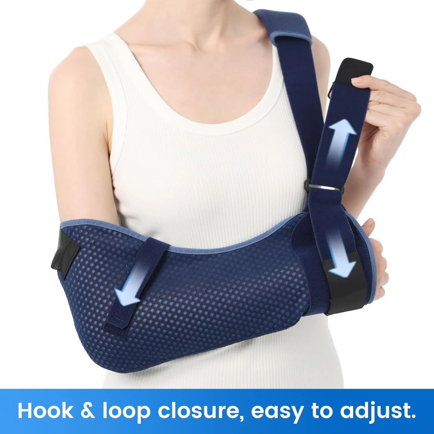 Velpeau Arm Sling Shoulder Immobilizer with Waist Strap, Ventilated & Breathable Design, Arm Support Brace for Shoulder, Rotator Cuff, Elbow, Hand injury (Mesh Version, Blue, Right, M: Bust 28.5-41″)