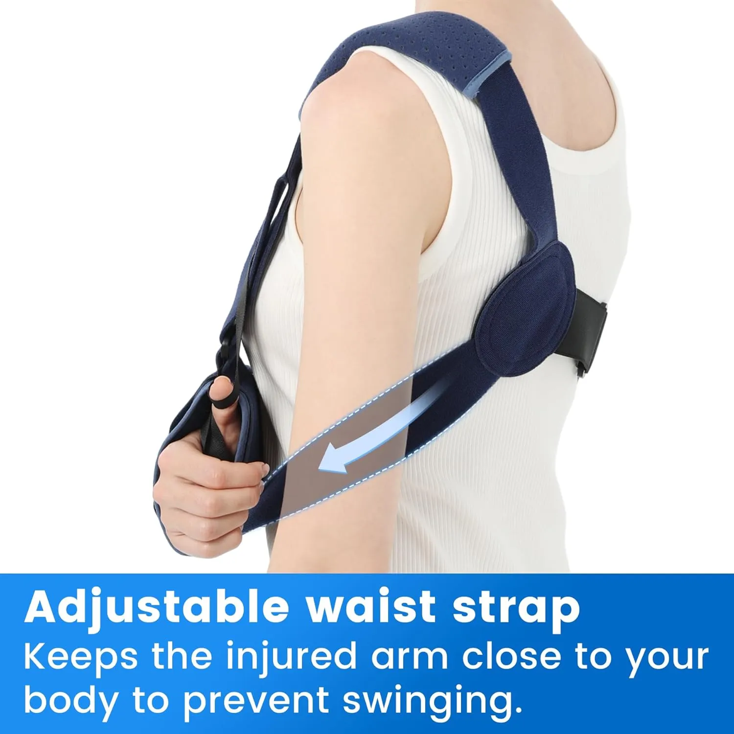 Velpeau Arm Sling Shoulder Immobilizer with Waist Strap, Ventilated & Breathable Design, Arm Support Brace for Shoulder, Rotator Cuff, Elbow, Hand injury (Mesh Version, Blue, Right, M: Bust 28.5-41″)
