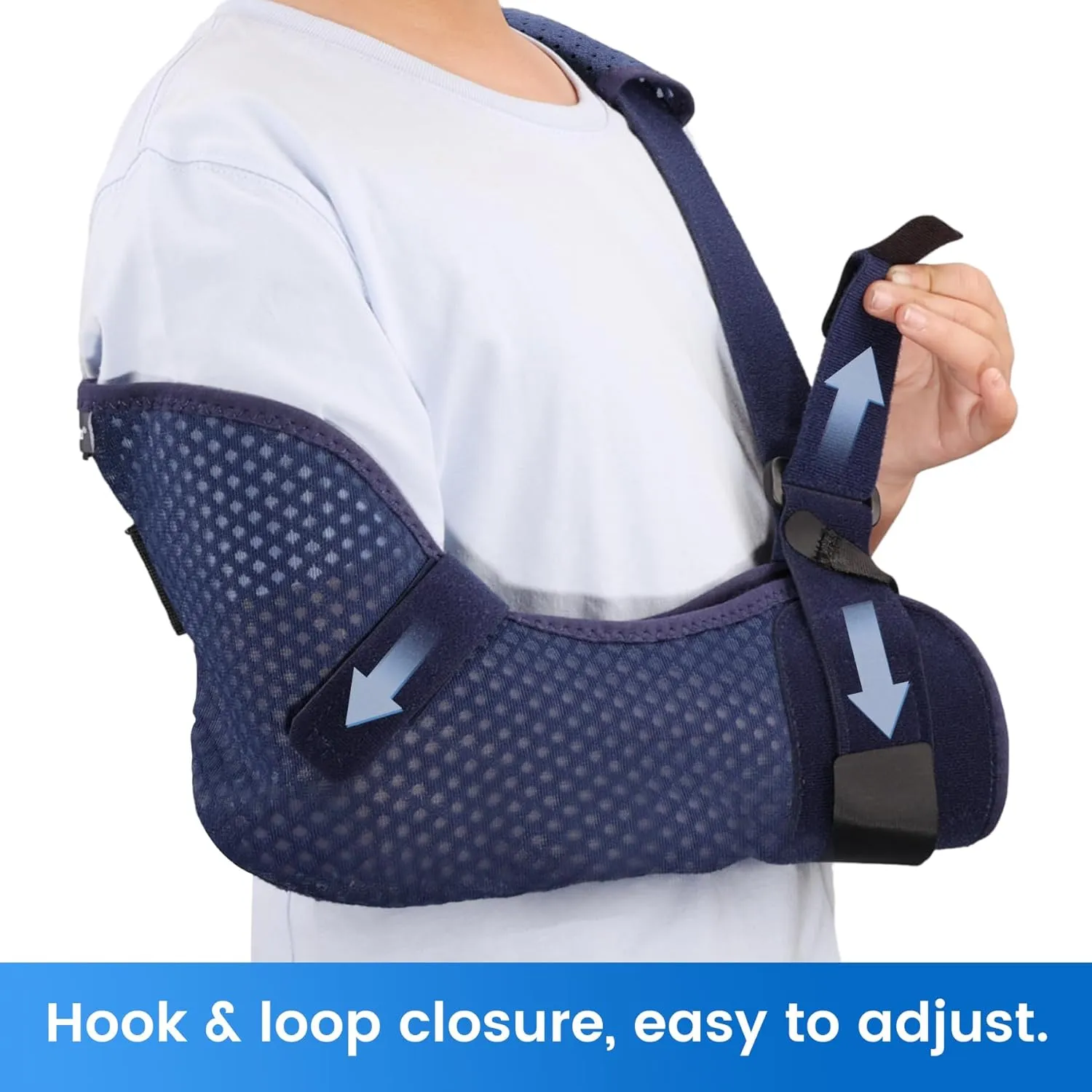 Velpeau Kids Arm Sling Shoulder Immobilizer with Waist Strap, Ventilated & Breathable Design, Arm Support Brace for Children, Boys, Girls (Mesh Version, Blue, Left, XS: Bust 22.5″-26″)